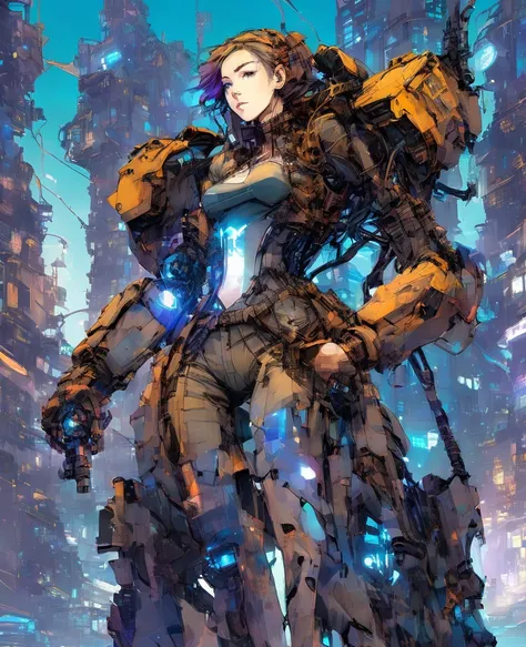 anime,flat color,masterpiece, best quality , clearly outlined,((a girl wearing large mecha-arm and mecha-suit)), cute,(girl,teen,detailed face,(darkblue wavy-short hair),parallel eyebrows,black eyes),as she protects the city. The girl should have a brave a...