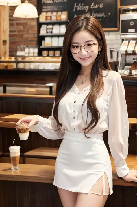 1woman, idol, long hair, glasses, cafe, 20s, coffee break, open-chested white blouse, miniskirt, smile