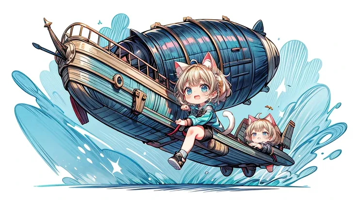 Chibi Character、Dynamic pose、look up、short hair、Cat ear、Flying Airship, Full of air,One girl、Big smile、Blonde Hair、Short Hair、Inner curls、紺色のTracksuits_White line from shoulder to wrist、Black shorts、Black sneakers_No socks、Tracksuits、Turquoise Eyes