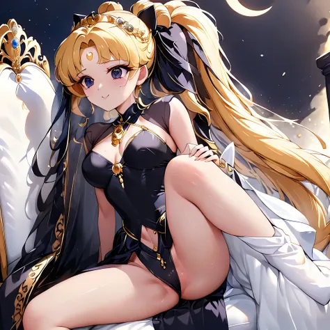 ((Highest quality)), ((masterpiece)), (detailed), （Perfect Face）、Black moon mark on forehead、The woman is Black Serenity, the noble dark queen of the Black Moon clan and has blonde hair.２A woman with long hair tied up in a ponytail is Princess Serenity, si...