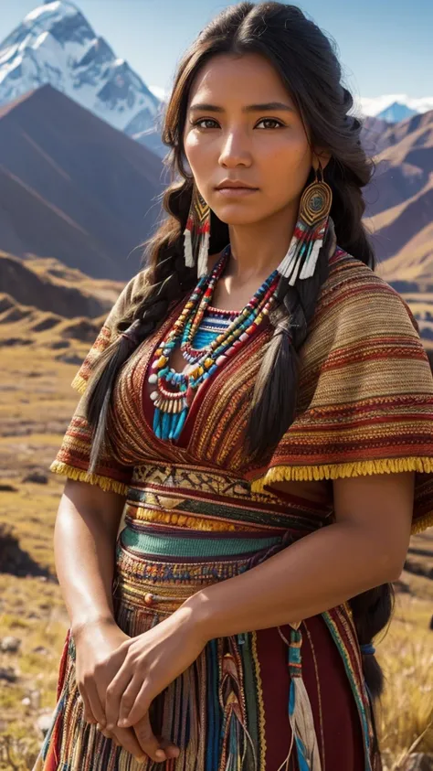 Highly detailed portrait of a very beautiful native american woman, evening sunshine, traditional dress, high resolution, hdr, close-up, andes mountain background,  