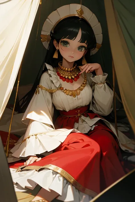 Gypsy with green eyes and black hair, White blouse with gold medal and red skirt with frills, Shell Necklace、Inside the tent、