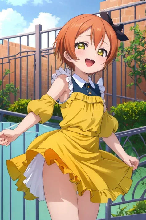 masterpiece, best quality,ultra detail,girl,happy,smile,blanket,rin hoshizora outdoor fence,plant,jumping,open mouth,pumpkin dress