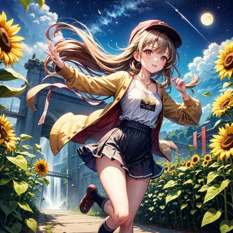 Red, brown, gold, gold hair、Golden Eyes、Hair tied up、One good looking girl、solo、anime、Checkered mini skirt、Ruffles on the skirt、camisole、Lightweight cardigan、Black knee-high socks、Wearing a baseball cap、Ribbon、Ribbon on waist、Teeth are visible、Silver coin ...