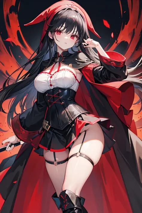 Cloak at waist　No sleeve　mini skirt　garter belt　The chest is open　corset　Long Straight　Black Hair　Red Eyes　Red headband　boots　Large breasts　１People Girl