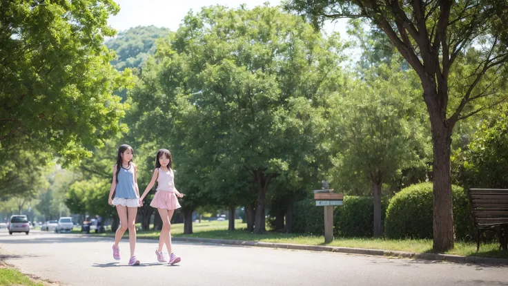 Very cute 10 year old twin girls(2 people)is having a pleasant walk in the park、Tank top、camisole、one piece、mini skirt、Long Hair、Slim body、Beautiful legs、Beautiful body、high resolution、8K、(smile)