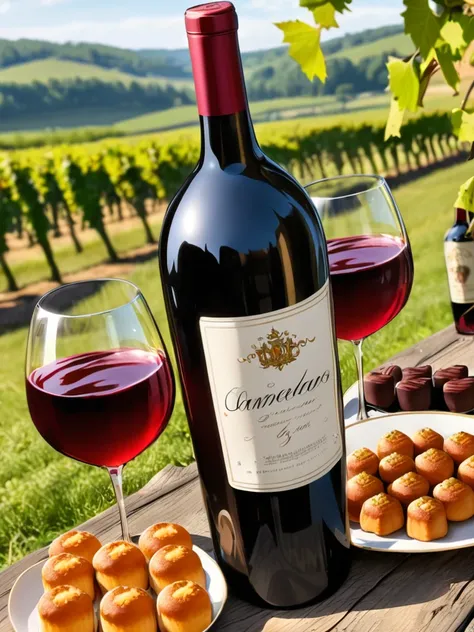 Vintage masterpiece,  bottles of Bordeaux wine and cannelés, background vineyards 