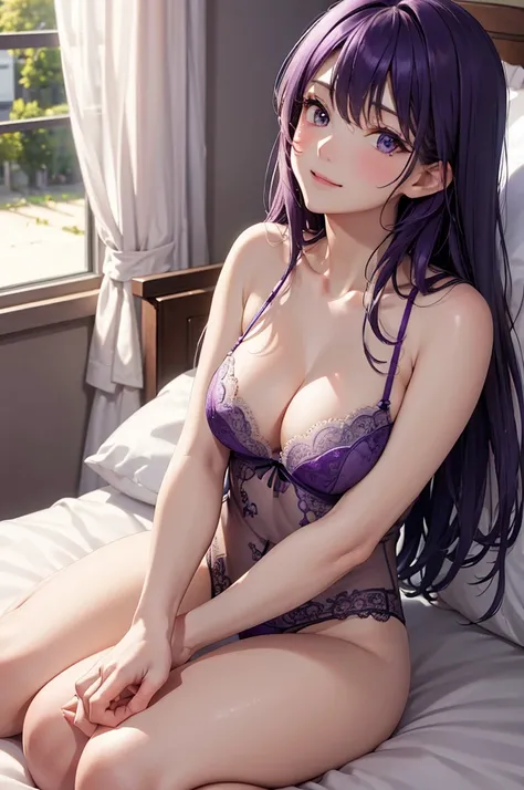 (Best Quality,High resolution,8K,finelity detailed background,Masterpiece:1.2),beautiful girl,Shiny purple hair,messy hair,Purple Eyes,Gentle look,A refreshing look,Best quality,Best Quality,Aesthetic and aesthetic:1.2,Best details((Super detailed))(High-d...