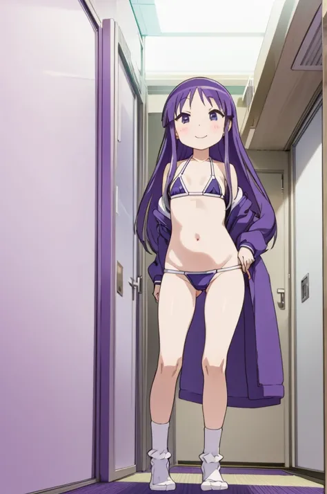 , 1girl, Yukari Hinata, ,, looking at viewer, smile,,,(bikini),,socks,standing,my room