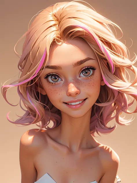 (best quality), 1girl, female, sun kissed skin, blonde hair, medium hair, swept bangs, pink streaked hair, brown eyes, perfect eyes, freckles, , slender, smile, small bust, masterpiece, anatomically correct, highres
