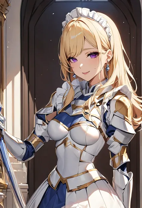 masterpiece、Highest quality、Ultra-high resolution、Maximum resolution、Very detailed、Professional Lighting、anime、Adult female、thin、so beautiful、Beautiful Face、Maid Skirt、((Blue and white armor))、Shiny Armor、Holding a bow、Gold earrings、blonde、Purple eyes、Pink...