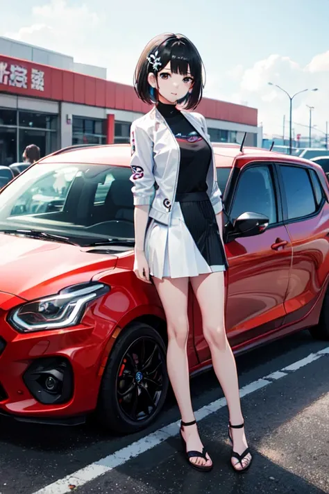 Highest quality、whole body、Black Hair、Iris、short hair、girl、cute、18-year-old、、Small hair ornament、Race Queen、skirt、Car next to me、The car model is Suzuki Swift Sport.