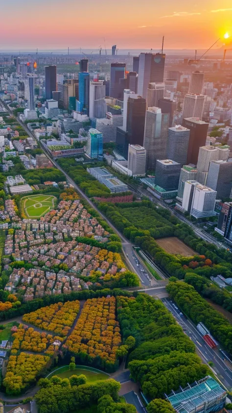 a view of a city with tall buildings and a green park, a picture by Naondo Nakamura, unsplash, sōsaku hanga, tokyo japan,    arafed view of a field of flowers with a sunset in the background, floral sunset, warm beautiful scene, beautiful sunrise, flowers ...