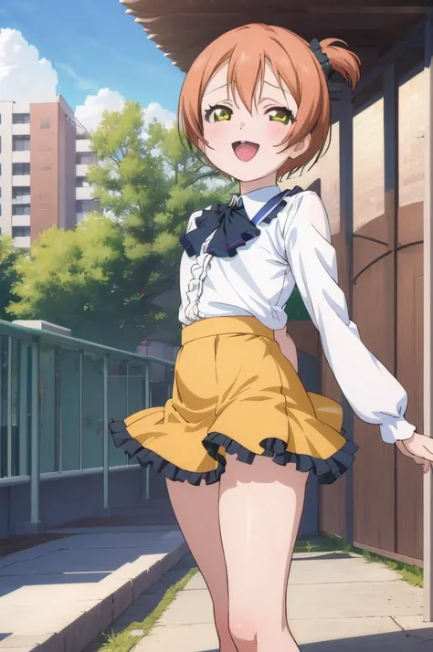 masterpiece, best quality,ultra detail,girl,happy,smile,,rin hoshizora outdoor ,open mouth,looking viewer,7yo,petie,nsfw,miniskirt,frill,panties