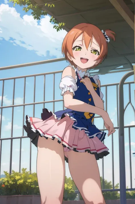 masterpiece, best quality,ultra detail,girl,happy,smile,,rin hoshizora outdoor ,open mouth,looking viewer,7yo,petie,nsfw,miniskirt,frill,panties