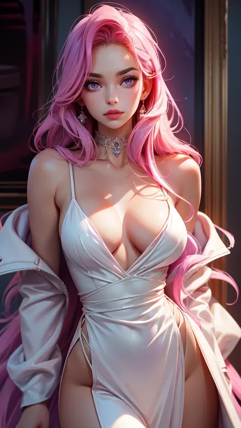 Best quality, Masterpiece, Portrait, Perfect anatomy, Femininity, Cool, Flawless, , Solo, Sexy, Stylish, Mature, Purple eyes, Long light pink hair, Mole above lip, Red lipstick, Big breasts, cofee, dress