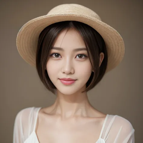 Highest quality, Realistically, Very detailed, Thin pubic hair, High resolution, Plain background，8k wallpaper, One beautiful woman,,Light brown short hair, Unusual angles、Wear a hat casually, Lock Focus, Perfect dynamic composition, Beautiful Eyes, Delica...