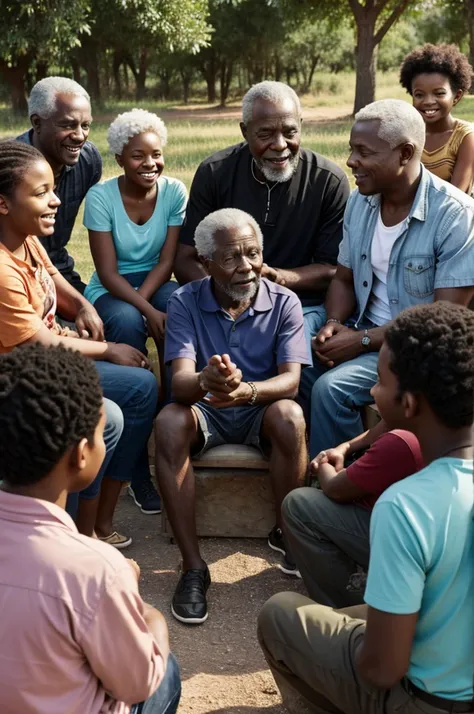 An old black African man narrating a story to a group of young and old black people 