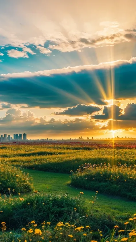 a close up of a field of flowers with a sky in the background, gods rays highly detailed, rays of life, gods rays, rays of god,    there is a picture of a beach with a pier in the distance, todays featured photograph 4k, clouds and wings and waves, clouds ...