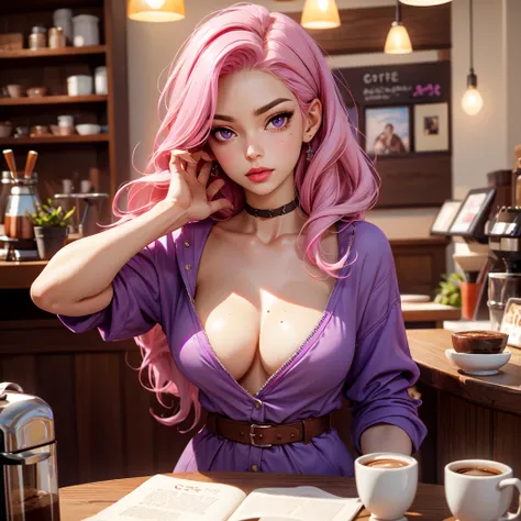 Best quality, Masterpiece, Portrait, Perfect anatomy, Femininity, Cool, Flawless, , Solo, Sexy, Stylish, Mature, Purple eyes, Long light pink hair, Mole above lip, Red lipstick, Big breasts, cofee, dressin a coffee shop with coffee