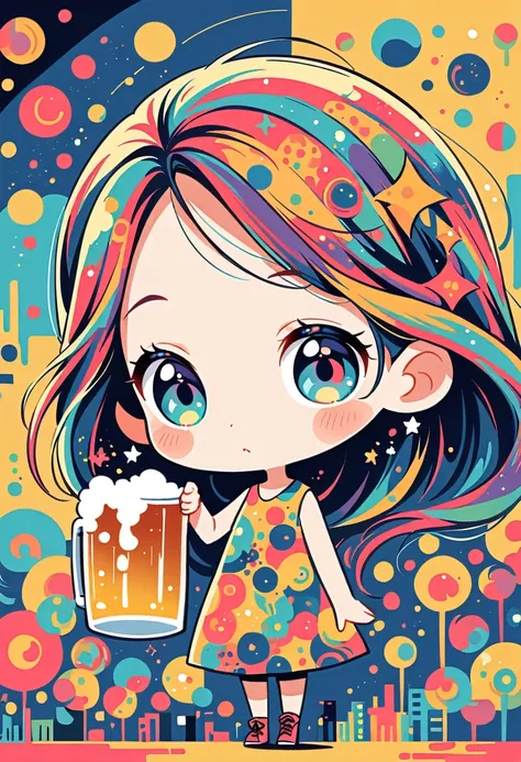 Osamu Tezuka style, woman holding up a beer mug as big as her face,, simple line initials, abstract art, urban background, (((most beautiful girl))), ((chibi))