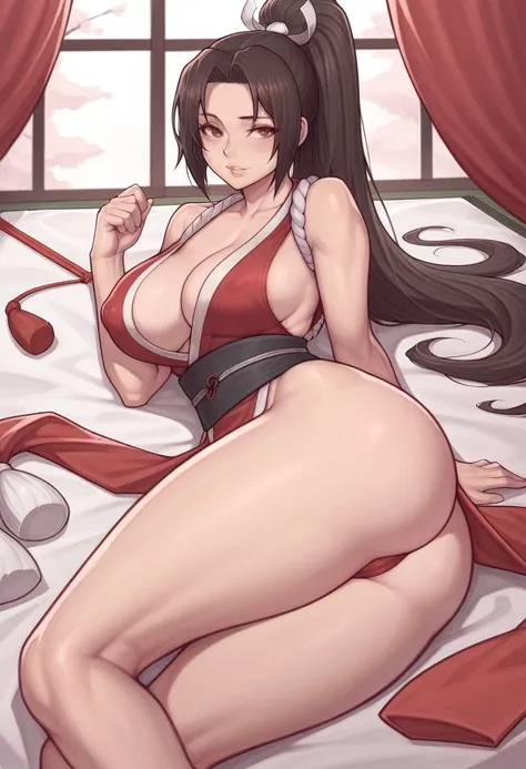 _asura style, 1girl, breasts, shiranui_mai, solo, large_breasts, ass, thighs, long_hair, blush, covered_nipples, ponytail, revealing_clothes, bare_shoulders, cleavage, parted_lips, high_ponytail, pelvic_curtain, red_eyes, bare_legs, ninja, parted_bangs, sm...