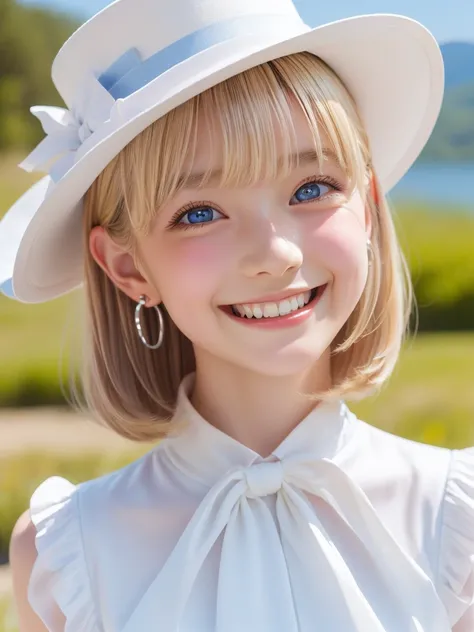 Detailed face, Cute face, masterpiece , Highest quality , woman , Mountain top hat , bangs , smile , Outdoor, Shiny, platinum blonde, silky, super short hair, Side Lock, beautiful shiny bangs, Big, clear, sky-blue eyes, Very beautiful light eye highlighter...