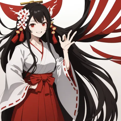 The image shows an illustrated character, likely from an anime or manga. The character has long dark hair and is wearing a traditional shrine maiden (miko) outfit, consisting of a white top (haori) with red accents and a red skirt (hakama). The character i...