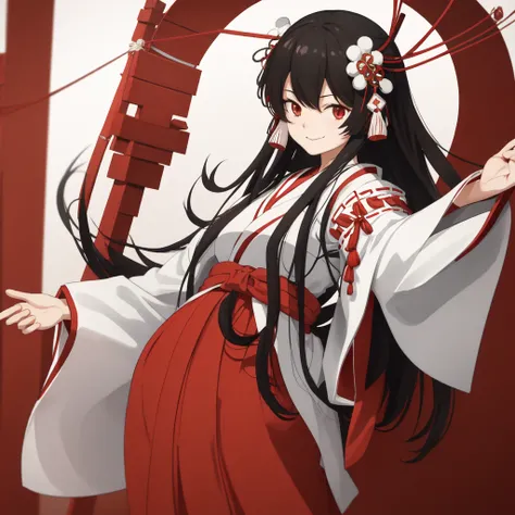 The image shows an illustrated character, likely from an anime or manga. The character has long dark hair and is wearing a traditional shrine maiden (miko) outfit, consisting of a white top (haori) with red accents and a red skirt (hakama). The character i...