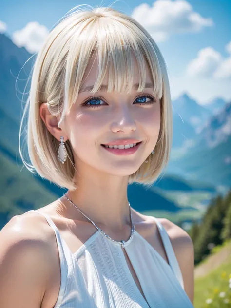 Detailed face, Cute face, masterpiece , Highest quality , woman , Mountain top hat , bangs , smile , Outdoor, Shiny, platinum blonde, silky, super short hair, Side Lock, beautiful shiny bangs, Big, clear, sky-blue eyes, Very beautiful light eye highlighter...