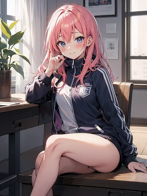 体育倉庫室で青い長袖tracksuit in schoolを脱ぐExhibitionismの女, blush, Exhibitionism
