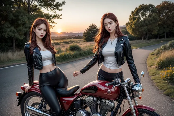 3 women riding classic bicycles，beautiful woman，long red hair，Full scene shooting，best quality，sunset，Stairway，Windy，look up to the sky，beautiful women，outdoor scene，dark red hair，Natural landscape，Fall，leather jacket，Belly button popping，leggings，Sexy lon...