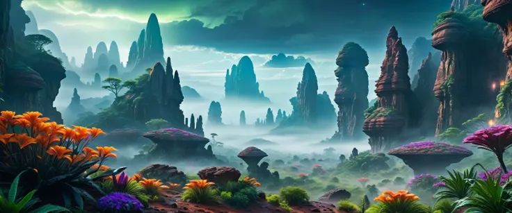 Science Fiction, Lush Alien Landscape, Vibrant flora, Mysterious rock formations, Atmospheric lighting, Misty mist, Distant skies, masterpiece|highly detailed|best quality|HD|8K|uHD|intricate details|extreme_detail