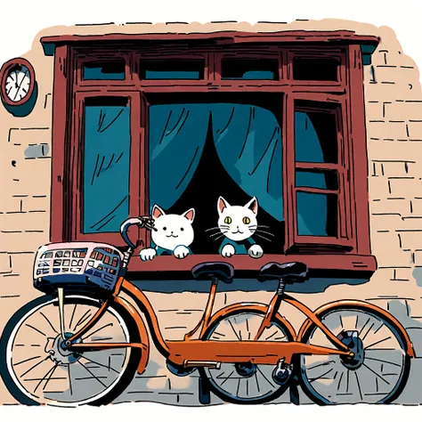 Hayao Miyazaki animation style Cat sitting on a windowsill looking out the window at lovers riding bicycles