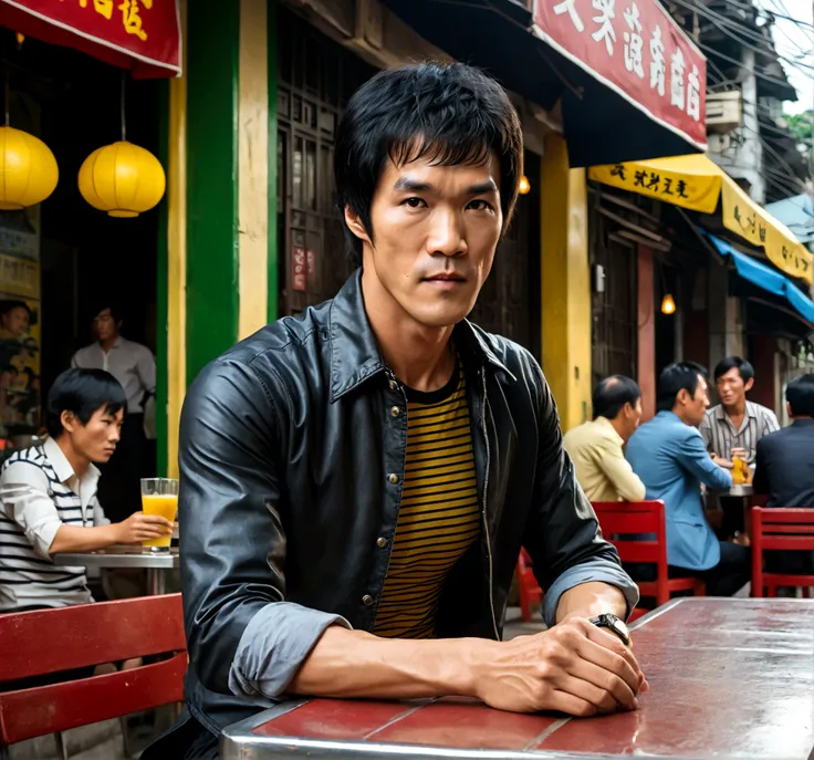 Bruce Lee in dark jacket with striped shirt underneath, Sitting at a sidewalk cafe in bustling Saigon town in Vietnam, movie poster style, cinematic, high resolution, hyper realistic, detailed skin texture, full body shot, looking at camera, japanese backg...