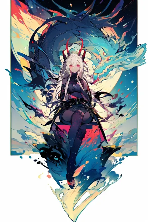 anime style girl, dragon horns, long blue hair, red inner color, yellow and red odd eyes, large breasts, short stature, scaled b...