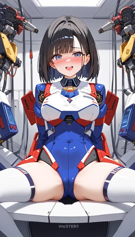 An absurd solution, High resolution, (masterpiece: 1.4), Super detailed, A young woman with dark hair dressed as an engineer, Blushing and excited expression, Sitting in a very small, enclosed mecha control room