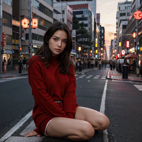 Female supermodel. Red sweater. Sitting in the middle of road. Dim, soft lighting. Sunset. Chuo-dori Avenue, Tokyo, Japan.