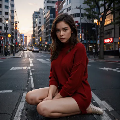 Female supermodel. Red sweater. Sitting in the middle of road. Dim, soft lighting. Sunset. Chuo-dori Avenue, Tokyo, Japan.