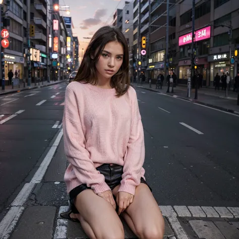 Female supermodel. Pink sweater. Sitting in the middle of road. Dim, soft lighting. Sunset. Chuo-dori Avenue, Tokyo, Japan.