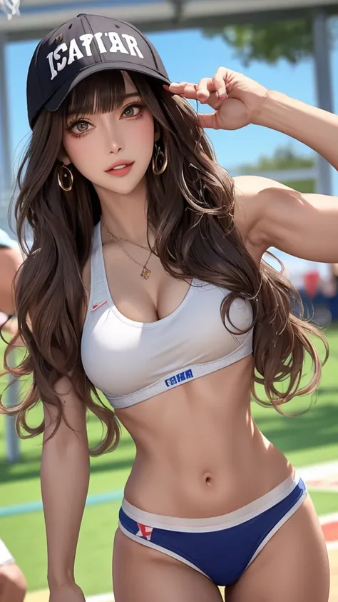 masterpiece, highest quality, pixiv, cool girl, the strongest sports girl, basketball, Popular Characters, baseball cap, Stylish sunglasses, Cute bra and panties, dark brown hair, curly hair, dull bangs, straight bangs, color contact lens eyes, gal, Improv...