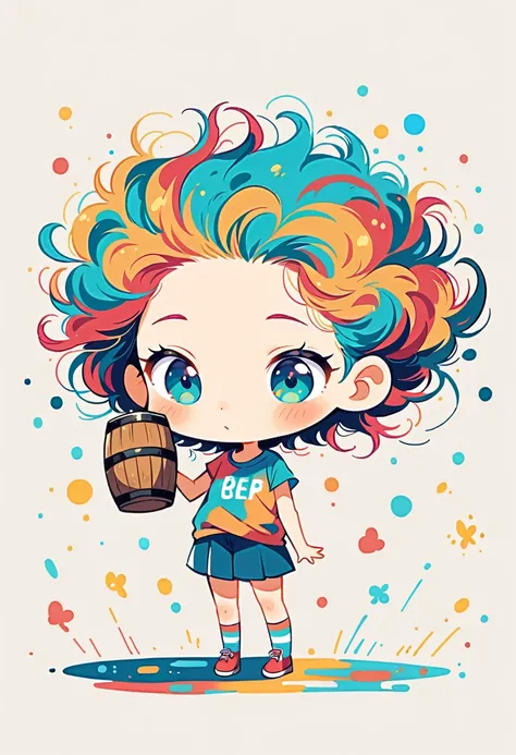 Osamu Tezuka style, standing in middle of road, girl holding large beer mug, simple line initials, abstract art, simple background, (((most beautiful girl))), ((chibi))