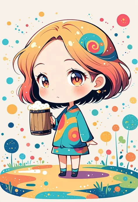 Osamu Tezuka style, standing in middle of road, girl holding large beer mug, simple line initials, abstract art, simple background, (((most beautiful girl))), ((chibi))