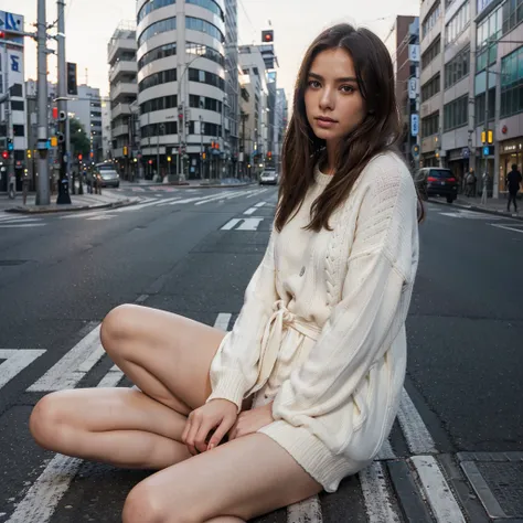 Female supermodel. White sweater. Sitting in the middle of road. Dim, soft lighting. Sunset. Chuo-dori Avenue, Tokyo, Japan.