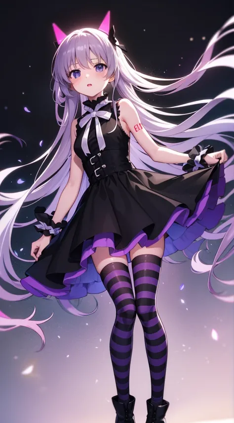  anime vocaloid with neon purple eyes, full black hair, ruffled dress with black, black high boots, black and purple striped tights