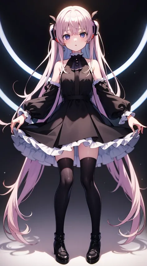  anime vocaloid with neon purple eyes, full black hair, ruffled dress with black, black high boots, black and purple striped tights