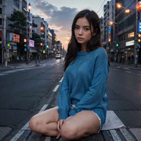 Female supermodel. Blue sweater. Sitting in the middle of road. Dim, soft lighting. Sunset. Chuo-dori Avenue, Tokyo, Japan.