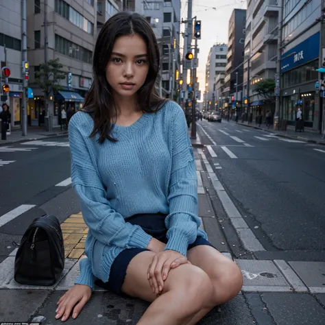 Female supermodel. Blue sweater. Sitting in the middle of road. Dim, soft lighting. Sunset. Chuo-dori Avenue, Tokyo, Japan.