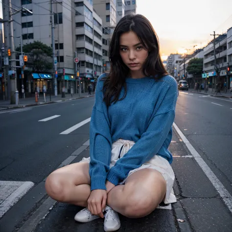 Female supermodel. Blue sweater. Sitting in the middle of road. Dim, soft lighting. Sunset. Chuo-dori Avenue, Tokyo, Japan.