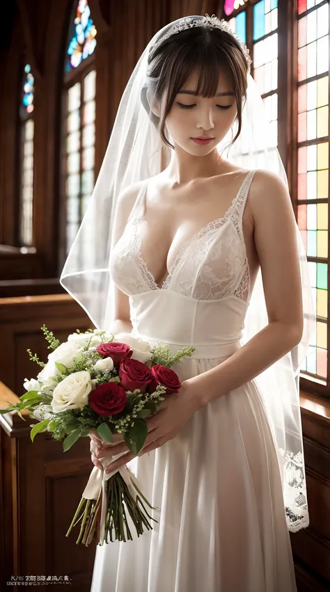 Browsing Caution，masterpiece，Highest quality，8K，20-year-old，窓辺に立つ美しいBig Breastsの女性，Sexy white lace lingerie，Long straight white hair with bangs，Veil，close your eyes，Big Breasts，Underboob，holding one flower bouquet with both hands，Beautiful stained glass，Th...